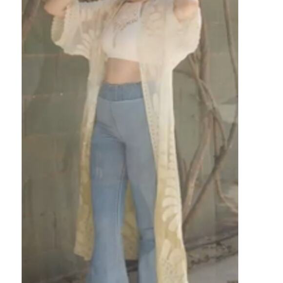 Ombre Lace Kimono Cardigan Yellow White Long - Picture 3 of 4